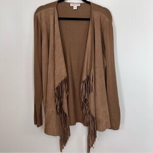 Coldwater Creek Cardigan Fringe Open Front Faux Suede Brown Size 1X